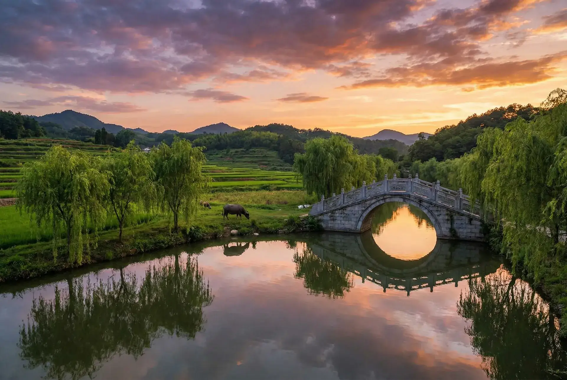 夕阳下的石拱桥与垂柳，水牛在河边吃草 - 南方车站 乡村美景